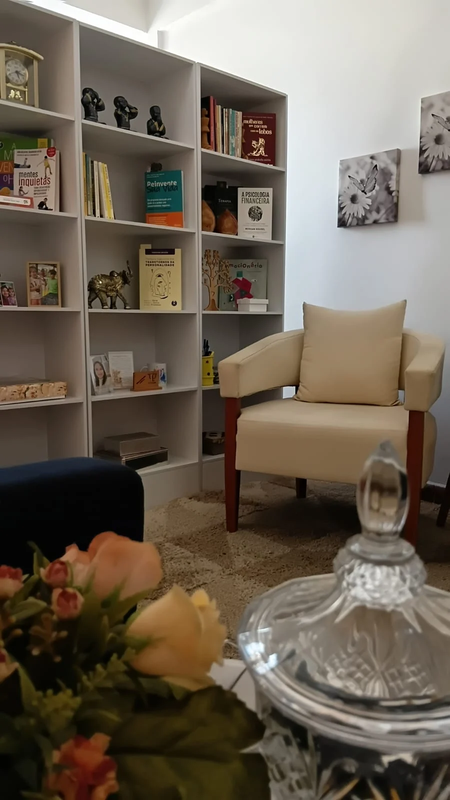 Estante, livros e poltrona no consultório de Meire