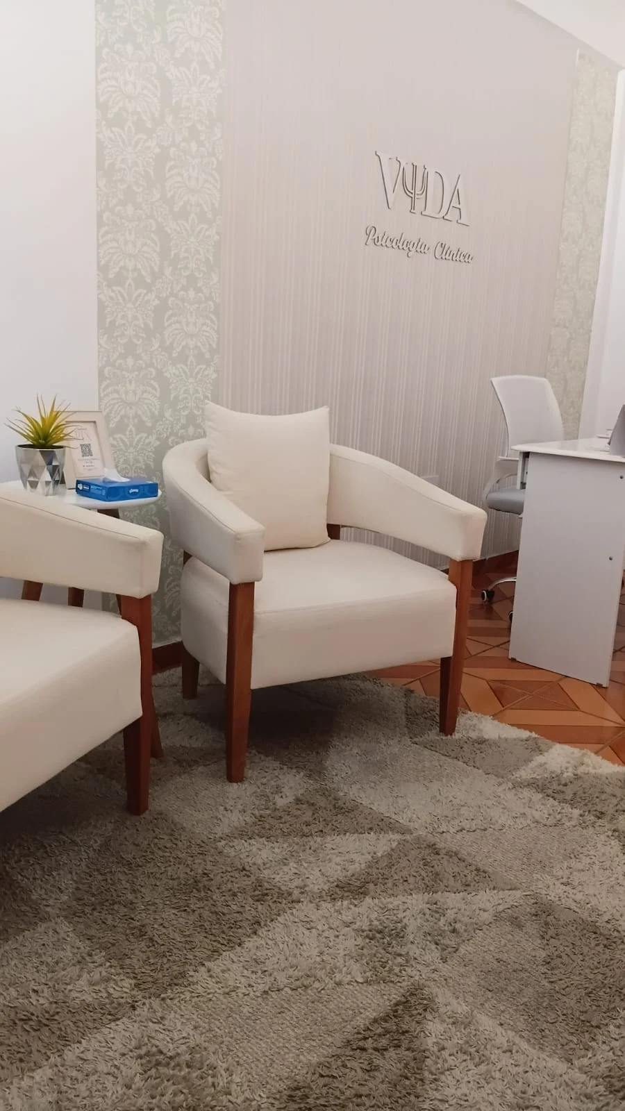 Área de atendimento e mesa profissional do consultório