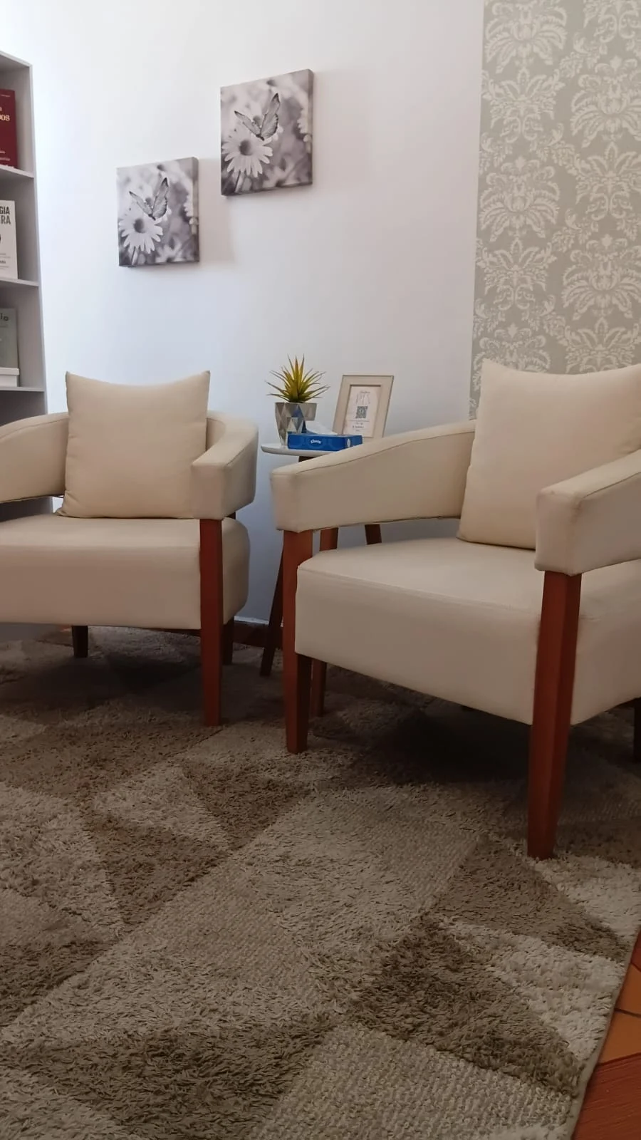 Poltronas do consultório onde Meire realiza atendimentos presenciais
