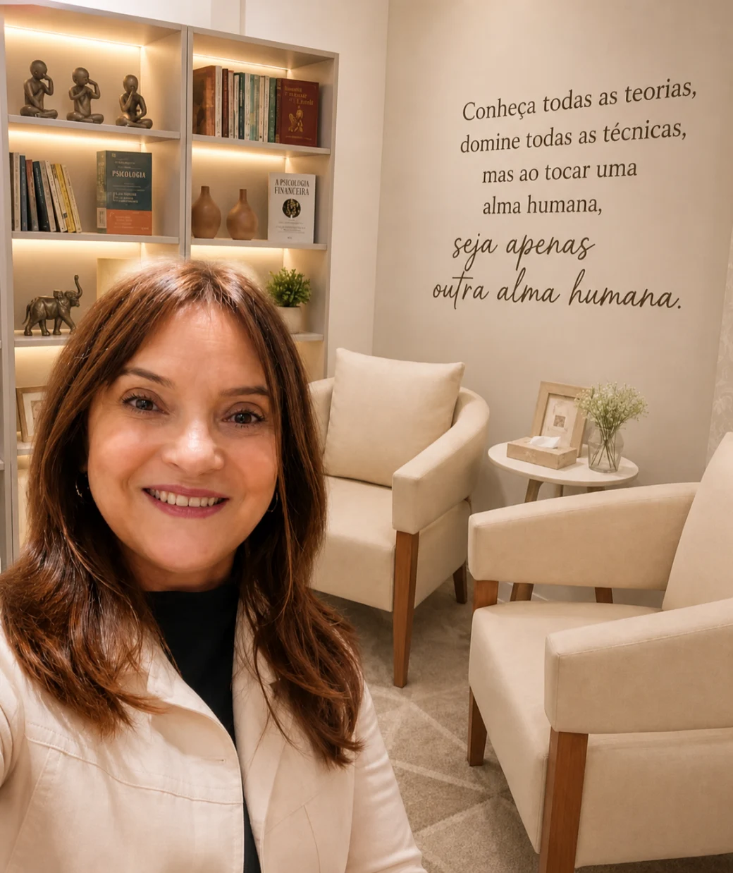Meire no ambiente de atendimento